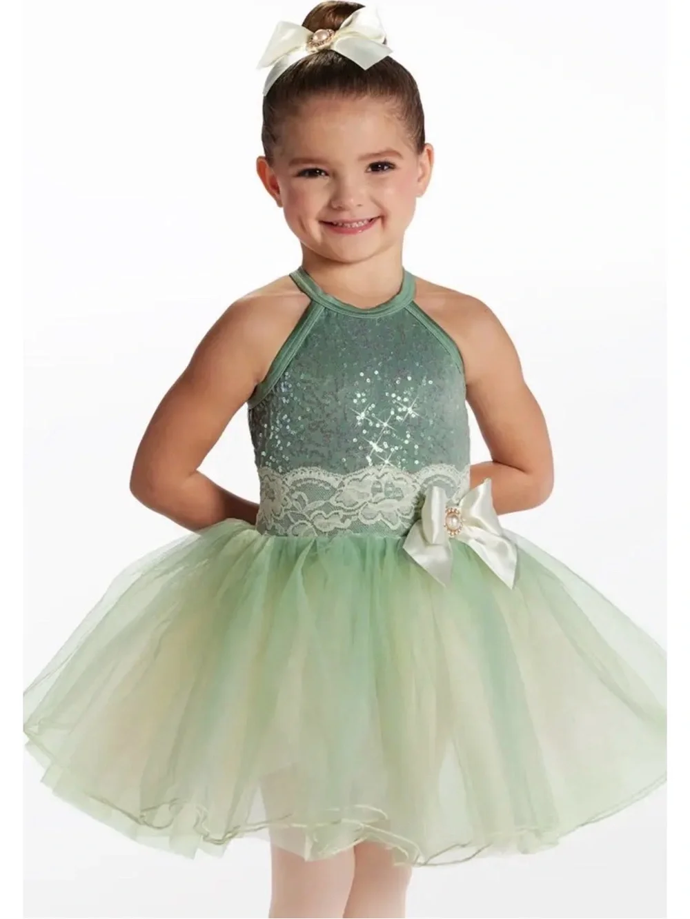 Weissman | Path of the Wind Green Cream Sequin Tulle Ballet Tutu Dance Dress SC